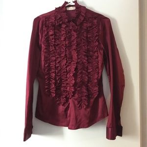 DERERCUNY Italy Silk + Cotton Burgundy Elaborately Ruffled Front Blouse 42